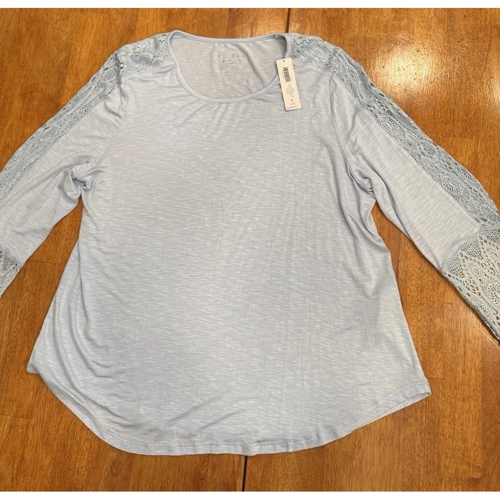 Chico's Knit Lace Detail Long Sleeve Top in Matin Blue Size 3 (14-16) NWT